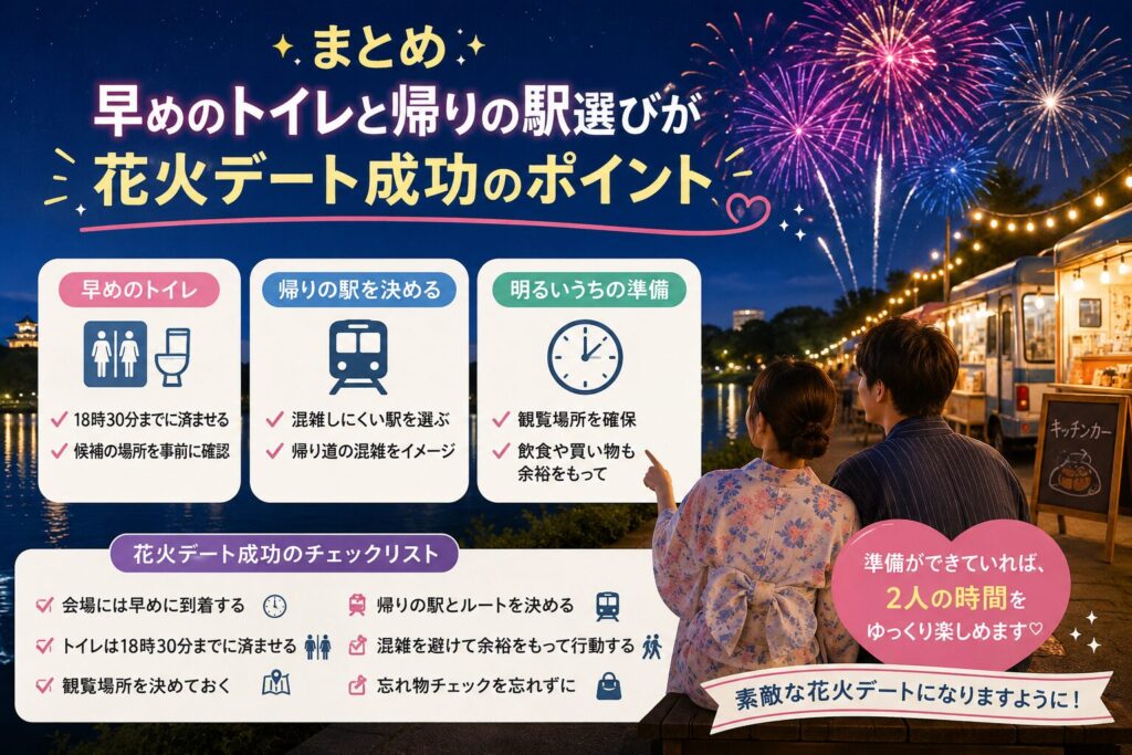 早めのトイレと帰りの駅選びが花火デート成功のポイント
